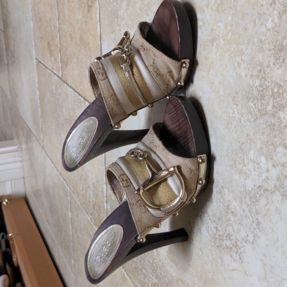 Gucci Monogram GG HorseBit Brown/Beige/White/Gold Wooden Heel Mules